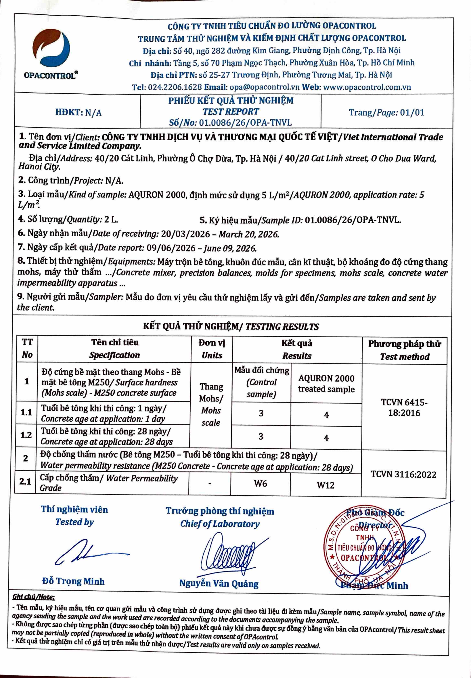 Phiếu kết quả thử nghiệm AQURON 2000 - OPACONTROL, cấp chống thấm W12, độ cứng Mohs 4