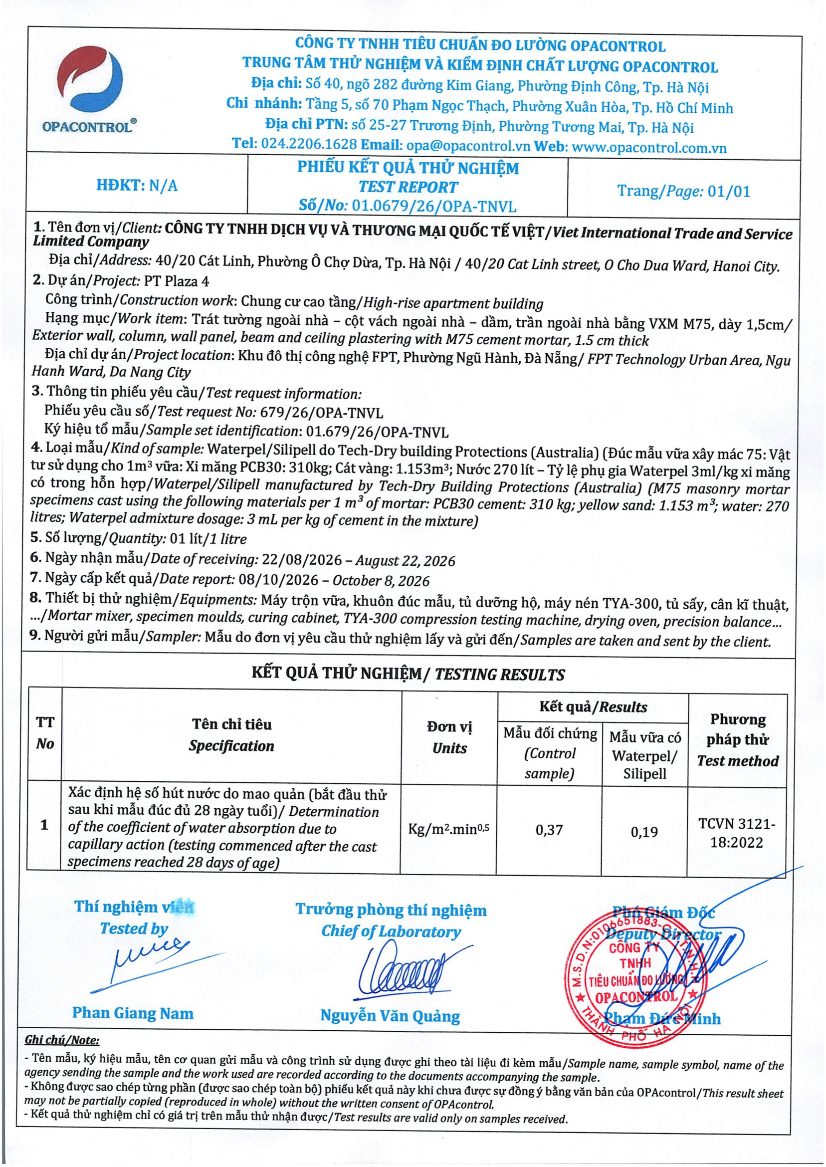 Phiếu kết quả thử nghiệm OPACONTROL số 01.0679/26/OPA-TNVL - mẫu vữa M75 trộn phụ gia Waterpel/Silipell (Tech-Dry, Úc), hệ số hút nước mao quản 0,19 so với mẫu đối chứng 0,37 Kg/m²·min⁰·⁵, TCVN 3121-18:2022